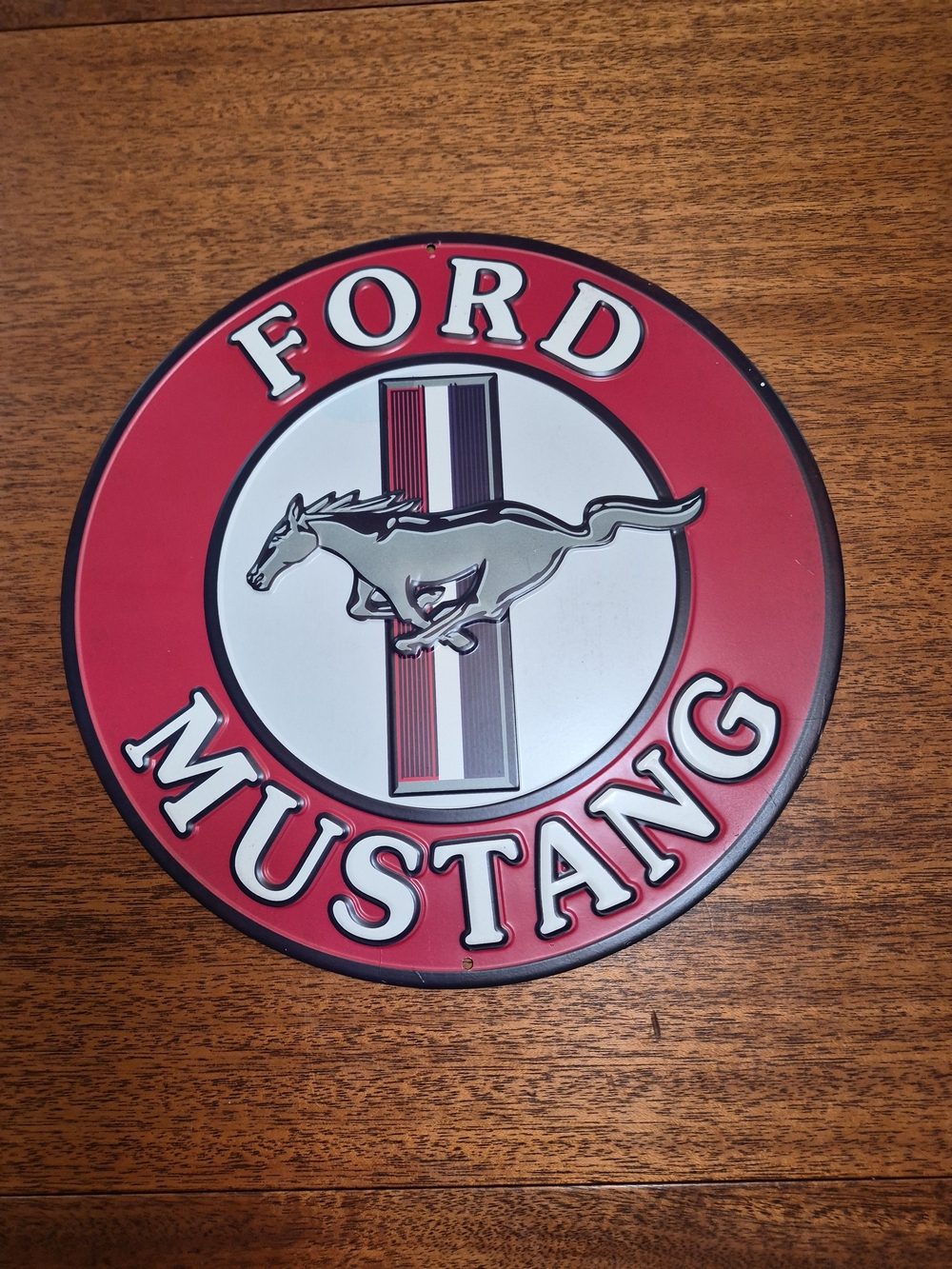 Ford Mustang Round Metal Wall Sign - Red & White
